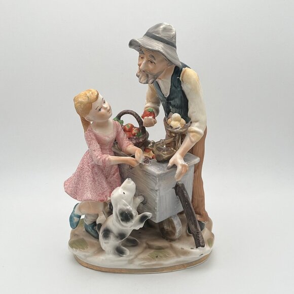 Vintage Norleans Old Man Dog Girl Apple Cart Japan Bisque Porcelain Art Figurine - Picture 1 of 10